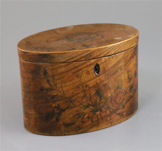 A George III satinwood and marquetry tea caddy, width 7in.